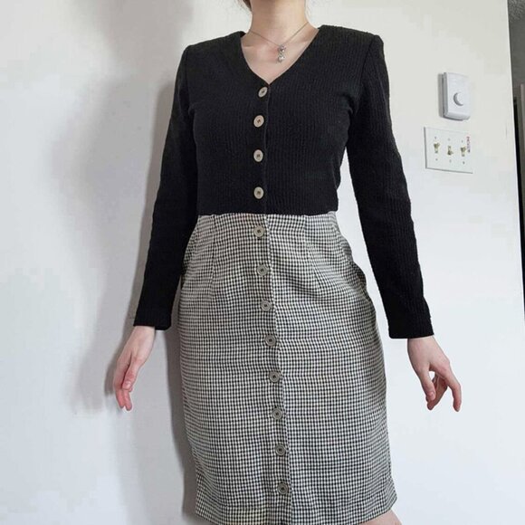 Vintage 90s officecore elegant black & grey houndstooth teacher secretary dress - Picture 4 of 14